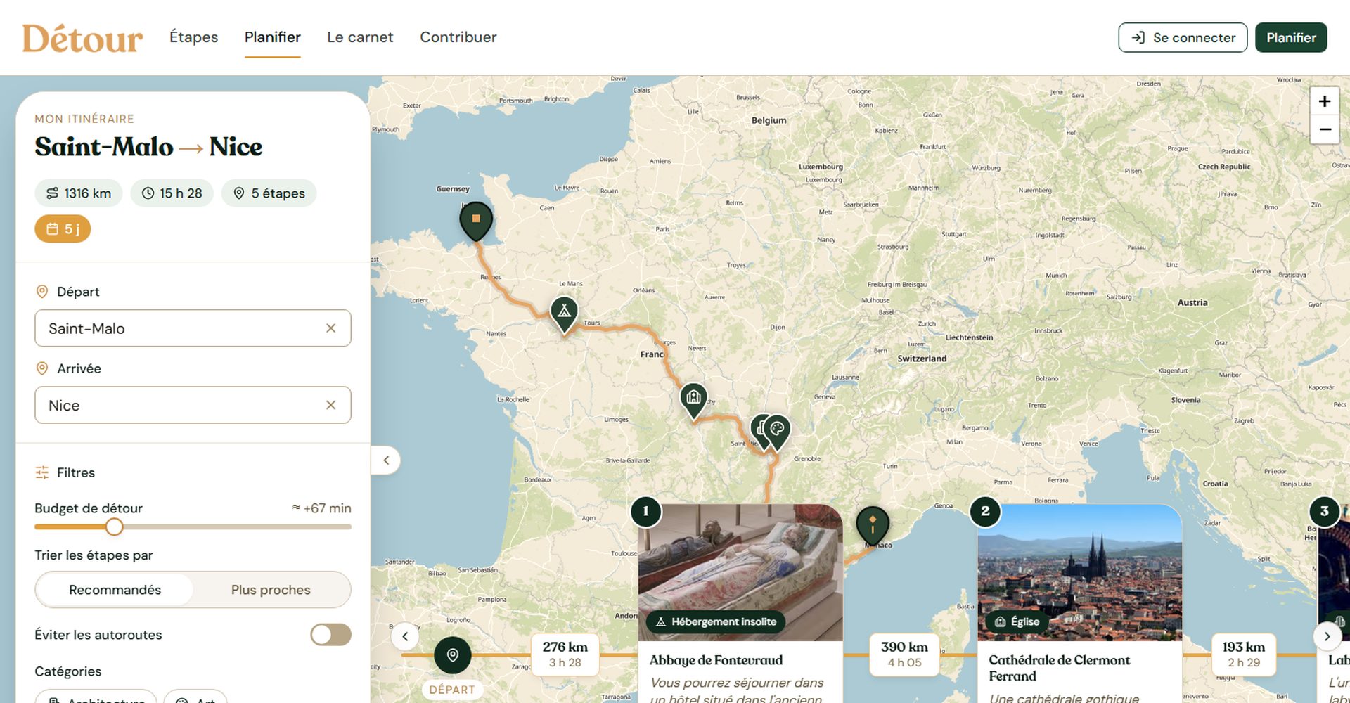 Planificateur Détour : itinéraire Saint-Malo vers Nice