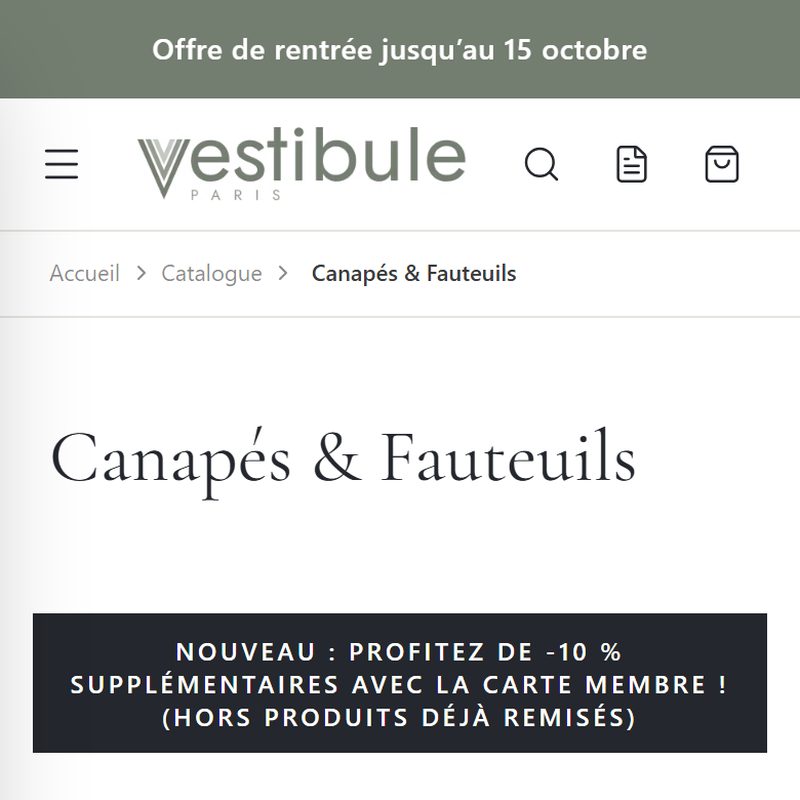 Vestibule Paris sur mobile, catalogue